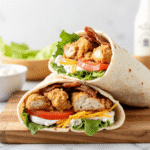 Stacked crispy chicken bacon ranch wraps filled with fried chicken, cheddar cheese, tomatoes, romaine, and ranch dressing, served on a wooden board.