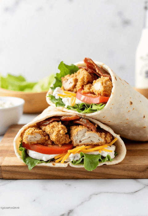 Stacked crispy chicken bacon ranch wraps filled with fried chicken, cheddar cheese, tomatoes, romaine, and ranch dressing, served on a wooden board.