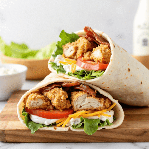 Stacked crispy chicken bacon ranch wraps filled with fried chicken, cheddar cheese, tomatoes, romaine, and ranch dressing, served on a wooden board.