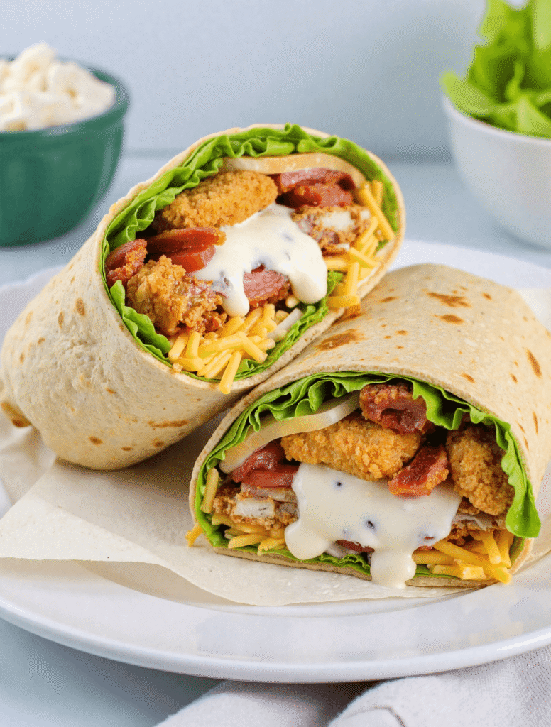 Close-up of a crispy chicken bacon ranch wrap sliced in half, stuffed with cheddar cheese, crispy tenders, crunchy bacon, lettuce, and creamy ranch, on a white plate.