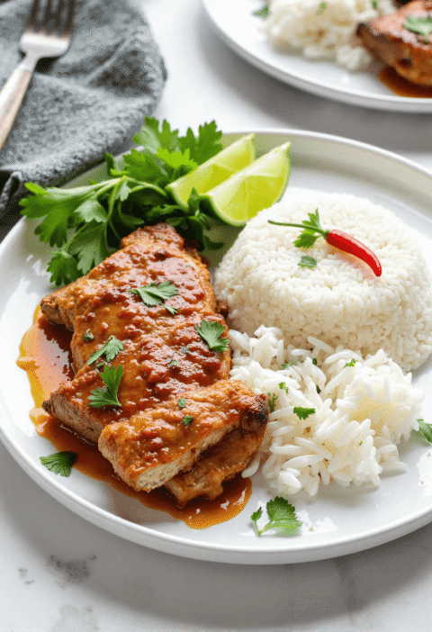 Ginger lime pork served with fluffy coconut rice, garnished with fresh herbs and lime wedges on a white plate