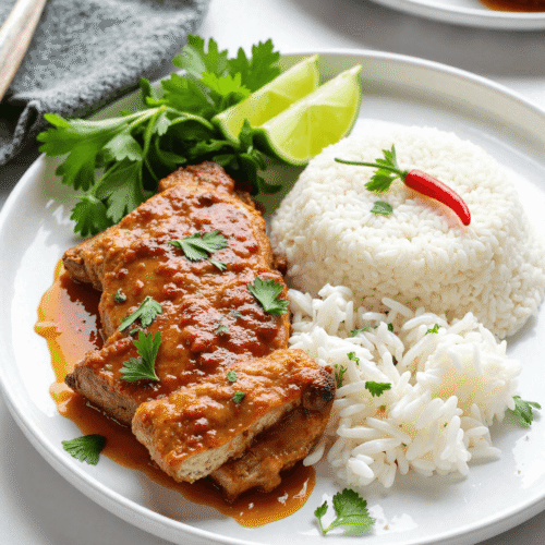 Ginger lime pork served with fluffy coconut rice, garnished with fresh herbs and lime wedges on a white plate