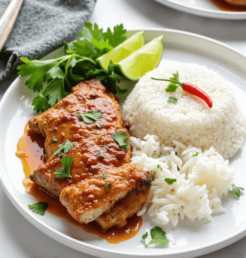 Ginger lime pork served with fluffy coconut rice, garnished with fresh herbs and lime wedges on a white plate