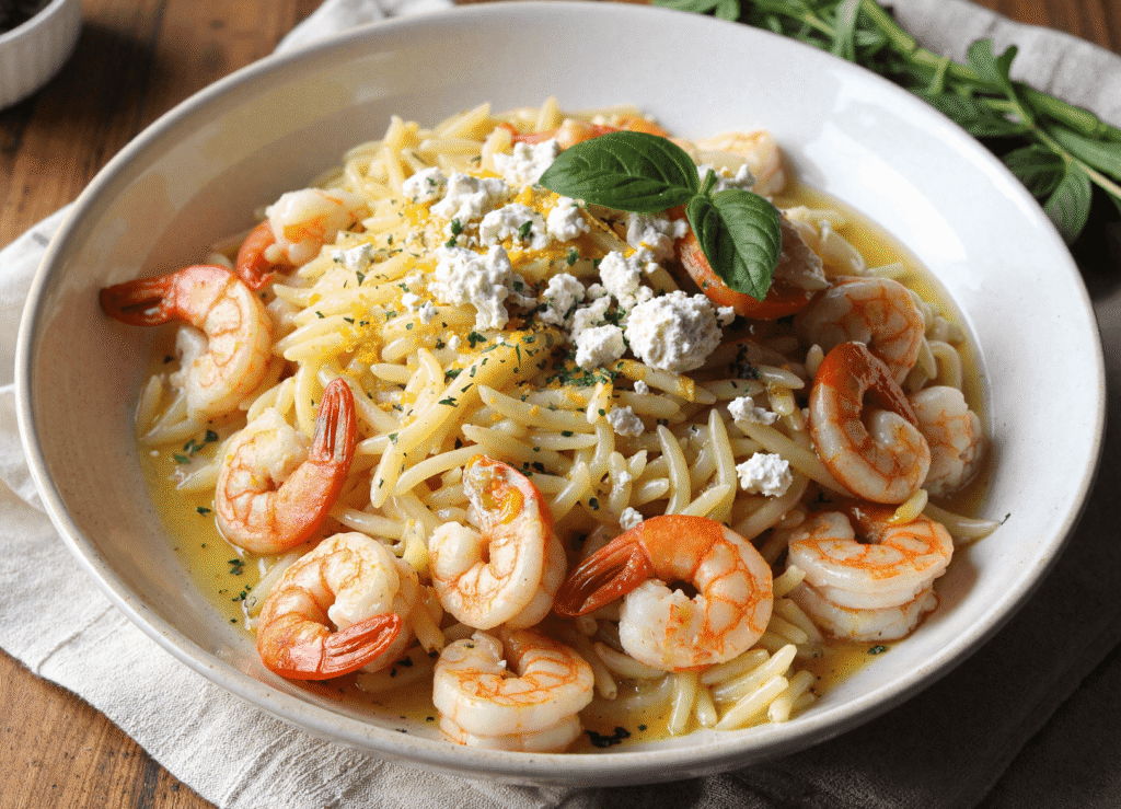 Close-up of Lemon Feta Orzo Shrimp in a white bowl, garnished with fresh herbs and crumbled feta cheese
