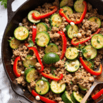 Close-up of one-pan turkey and zucchini skillet with sliced red bell peppers and white beans in a cast iron pan