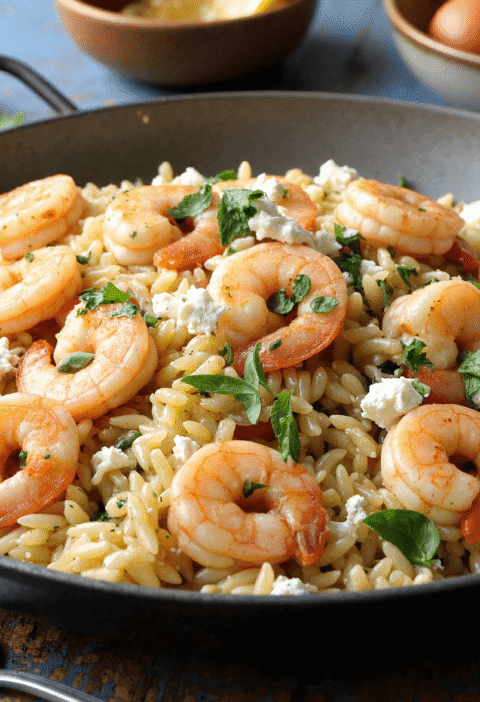 Mediterranean shrimp and orzo skillet topped with crumbled feta and fresh parsley in a shallow black pan
