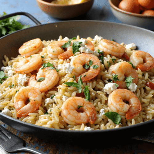 Mediterranean shrimp and orzo skillet topped with crumbled feta and fresh parsley in a shallow black pan
