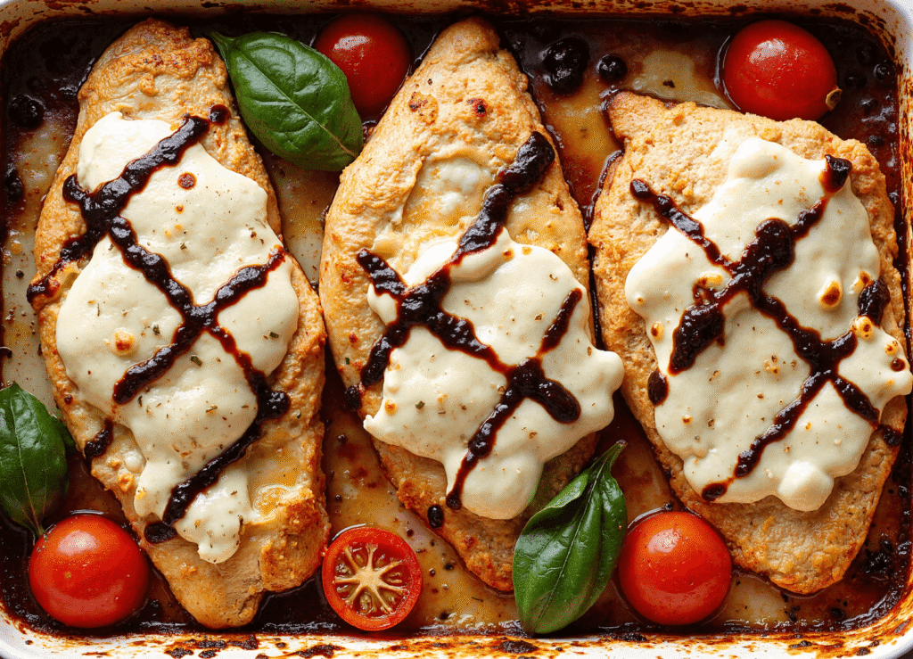 Three baked chicken breasts topped with mozzarella cheese and balsamic glaze, surrounded by cherry tomatoes and basil leaves.