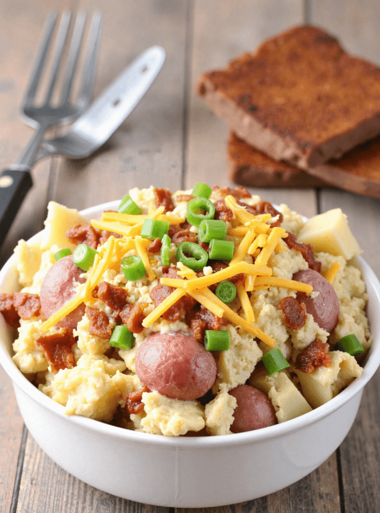 Steakhouse potato salad with cheddar, red potatoes, bacon bits, and scallions in a white bowl on a wooden table.