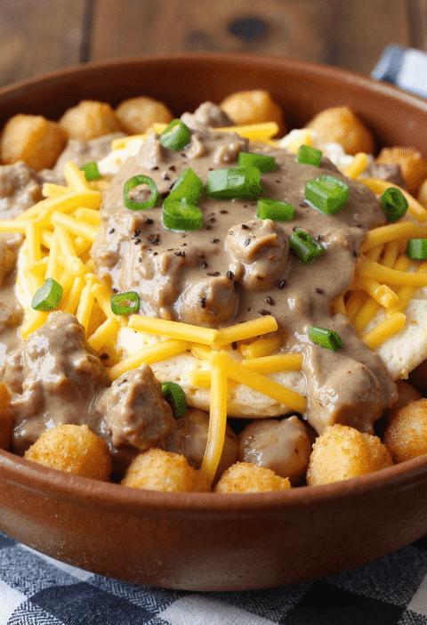 Crispy tater tots topped with fluffy scrambled eggs, rich sausage gravy, shredded cheddar cheese, and sliced green onions in a brown bowl.