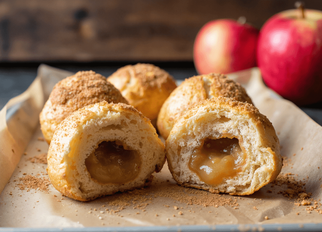 Apple pie bombs with gooey apple filling inside golden biscuit dough, coated in cinnamon sugar on parchment paper.
