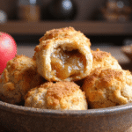 Golden apple pie bombs with cinnamon sugar crust and gooey apple filling stacked in a rustic bowl.