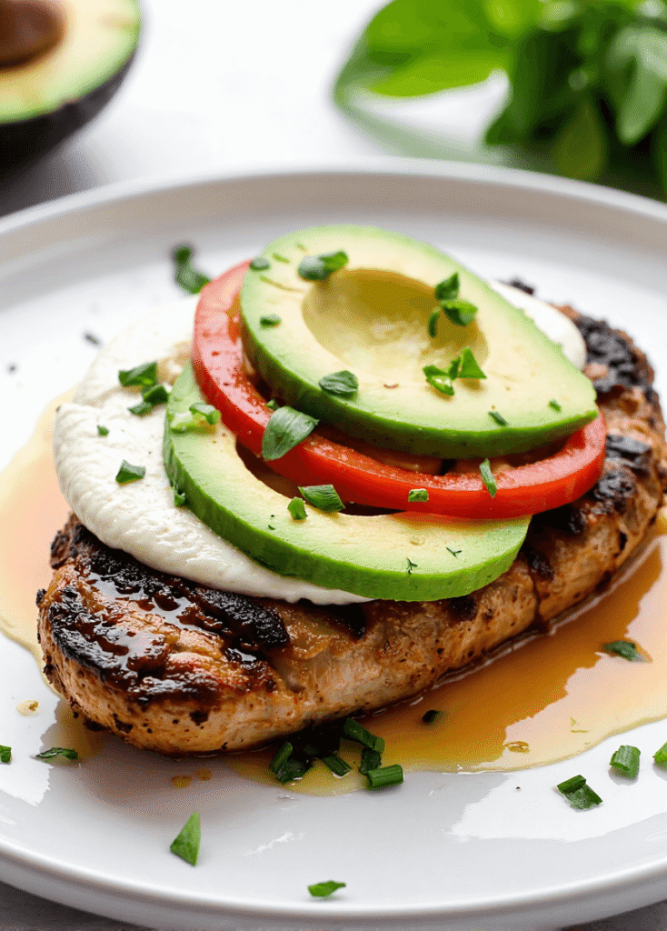 Juicy balsamic grilled chicken breast topped with mozzarella, tomato, and avocado slices, drizzled with balsamic glaze.
