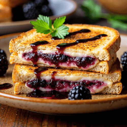Blackberry and brie grilled cheese sandwich topped with balsamic glaze and garnished with fresh herbs on a ceramic plate.