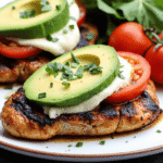 Grilled balsamic chicken breast topped with fresh mozzarella, ripe tomato slices, and avocado, served with arugula for a healthy California grilled chicken dinner.