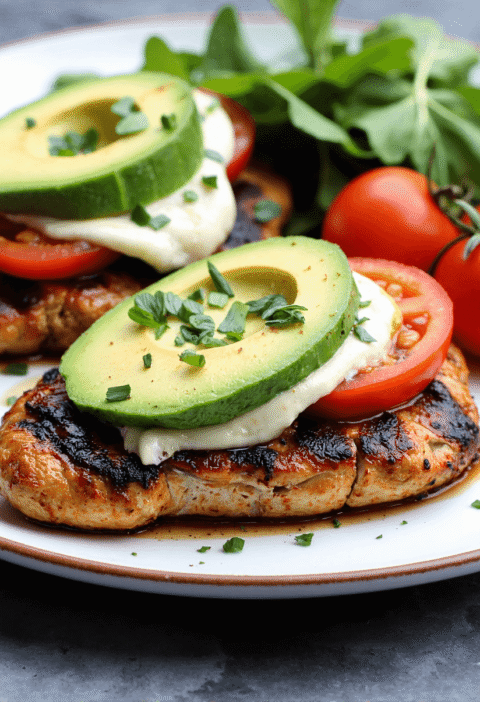 Grilled balsamic chicken breast topped with fresh mozzarella, ripe tomato slices, and avocado, served with arugula for a healthy California grilled chicken dinner.