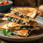 Golden baked spinach mushroom quesadillas stacked on a plate with gooey cheese, sautéed mushrooms, and spinach filling.