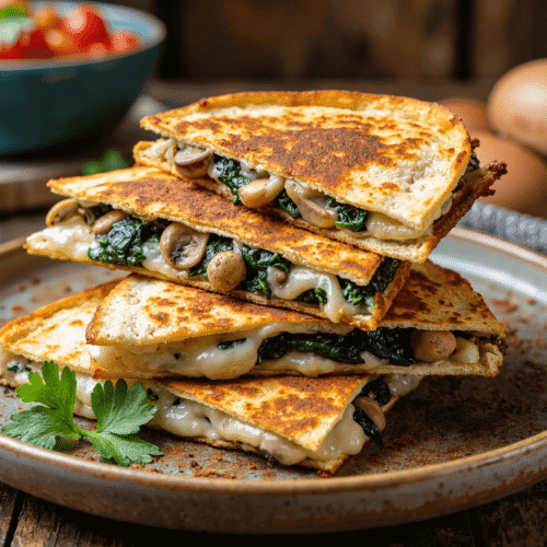 Golden baked spinach mushroom quesadillas stacked on a plate with gooey cheese, sautéed mushrooms, and spinach filling.
