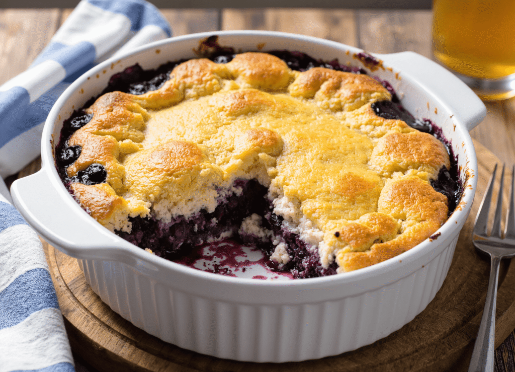 Blueberry cottage cheese breakfast bake in a white dish with a golden crust and juicy blueberry filling.
