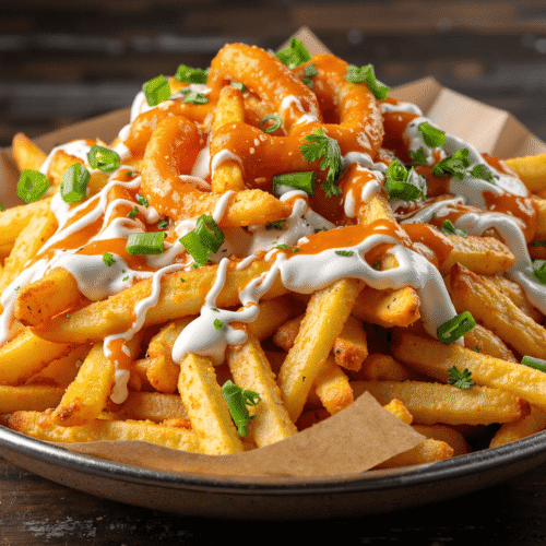 Cajun loaded fries with cheese, ranch, and hot sauce served on parchment paper with green onion garnish.