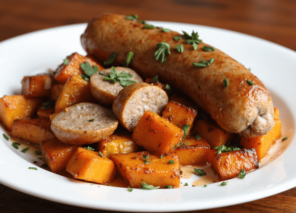 Roasted sausage served with honey garlic sweet potato cubes on a white plate, garnished with fresh herbs.
