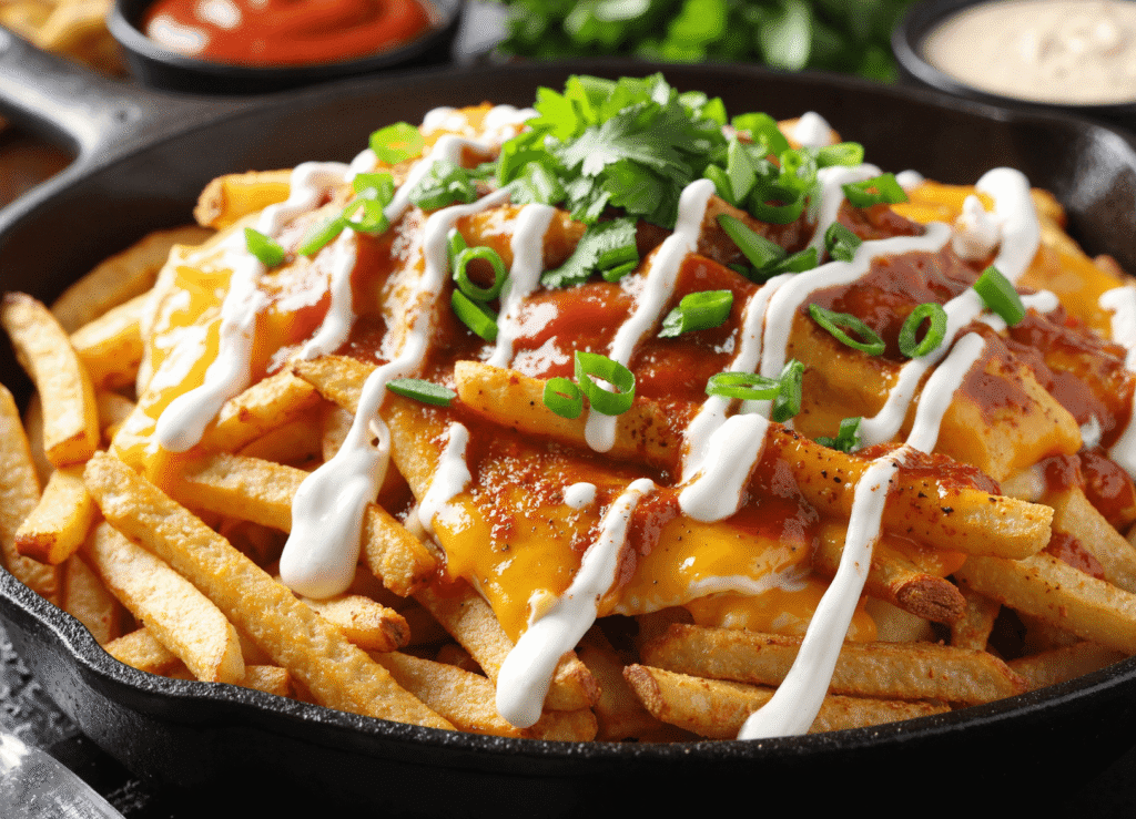 Louisiana voodoo fries topped with melted cheese, ranch drizzle, hot sauce, and green onions in a cast iron skillet.