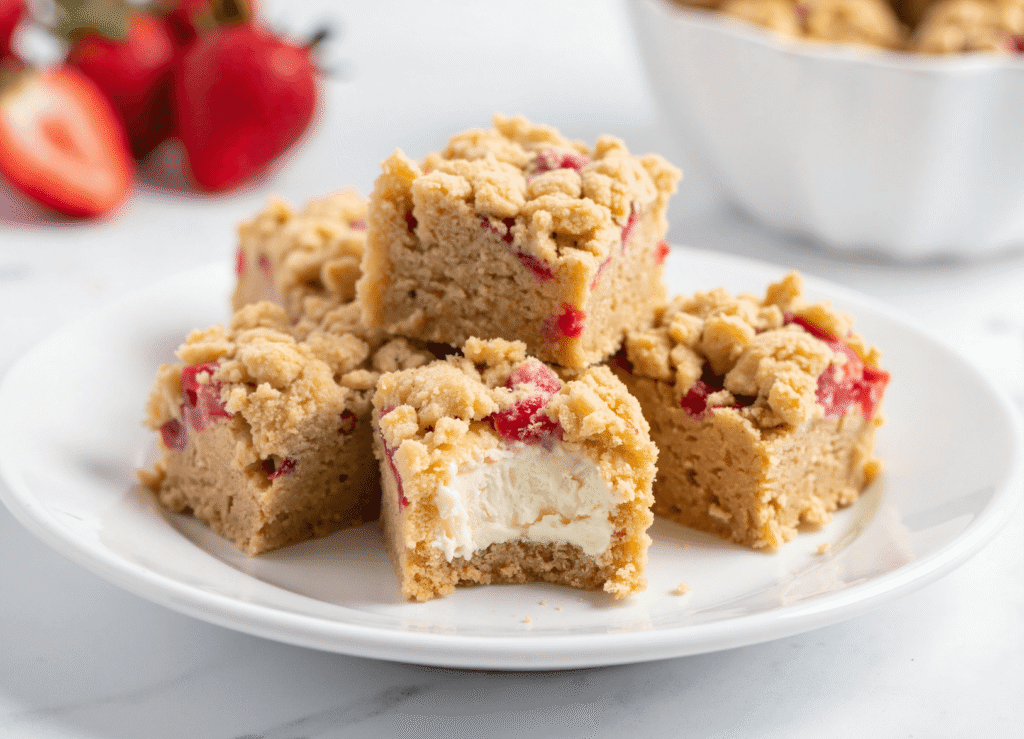 No-bake strawberry shortcake cheesecake bites stacked on a white plate, topped with cookie crumble and chunks of fresh strawberry.