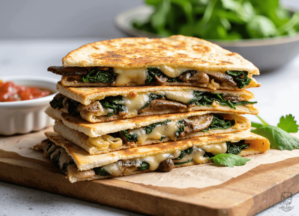 Stack of vegetarian spinach mushroom quesadillas with melted cheese oozing out, served on a wooden board.