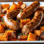 Roasted sausage with caramelized sweet potato cubes drizzled in honey garlic sauce on a white serving dish.