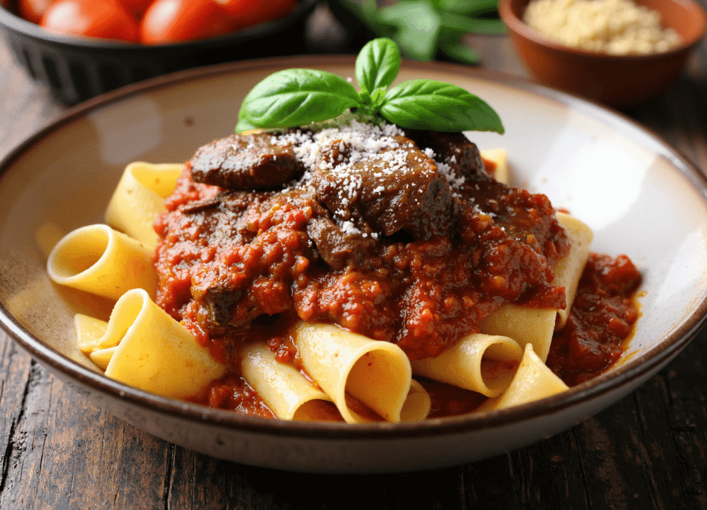 Bowl of short rib ragu served over wide pasta noodles with tomato sauce, topped with parmesan and basil.