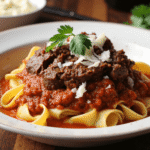 Short rib ragu served over pappardelle pasta with tomato sauce, garnished with parmesan and parsley.
