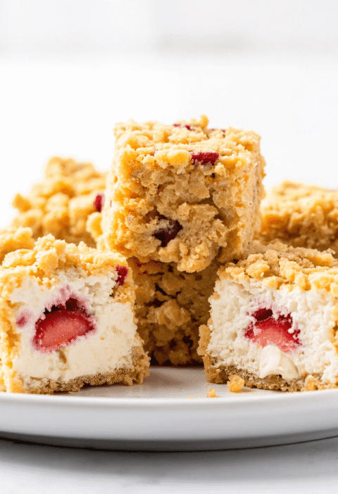Strawberry cheesecake crunch bites with fresh strawberries on a white plate, showing creamy cheesecake filling and crunchy cookie coating.