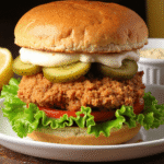 Crispy lemon pepper chicken sandwich stacked with lettuce, tomato, pickles, and creamy sauce on a toasted bun.