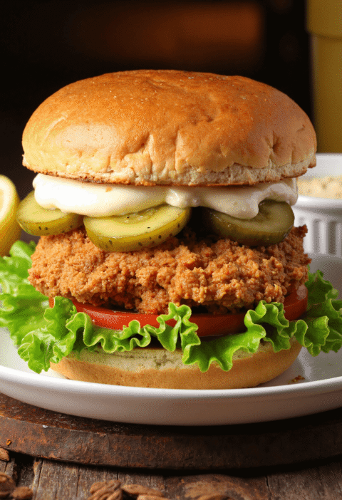Crispy lemon pepper chicken sandwich stacked with lettuce, tomato, pickles, and creamy sauce on a toasted bun.