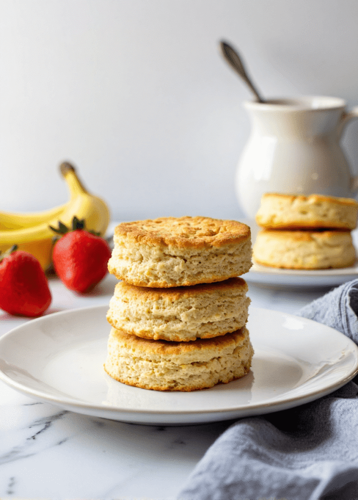 Close-up of fluffy high-protein breakfast biscuits split open to reveal soft layers, served warm on a breakfast table.