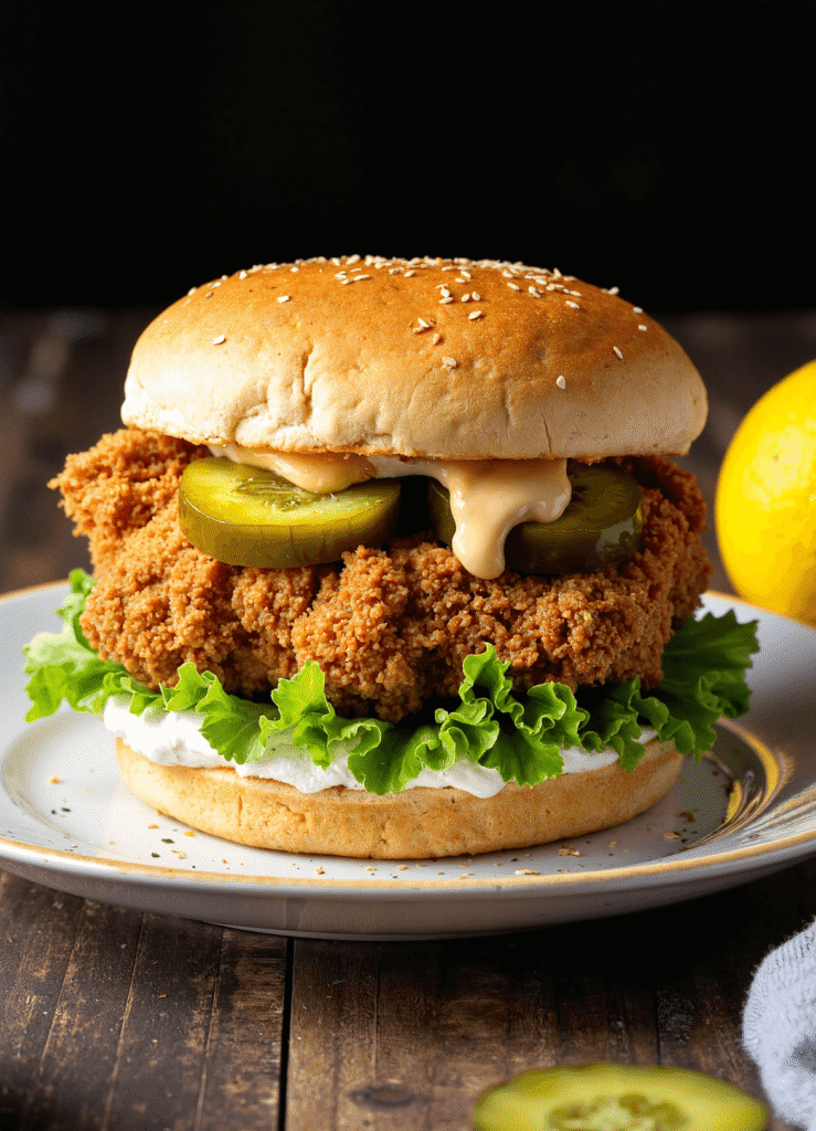 Golden lemon pepper fried chicken sandwich with lettuce, pickles, and tangy sauce on a sesame seed bun.
