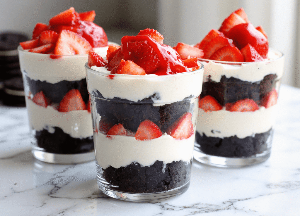Three no-bake cheesecake cups layered with Oreo cookie crumbs, cheesecake filling, and fresh strawberries topped with strawberry sauce.