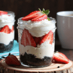 No-bake strawberry Oreo cheesecake cup in a mason jar with layers of Oreo crumbs, creamy cheesecake, and fresh strawberries.