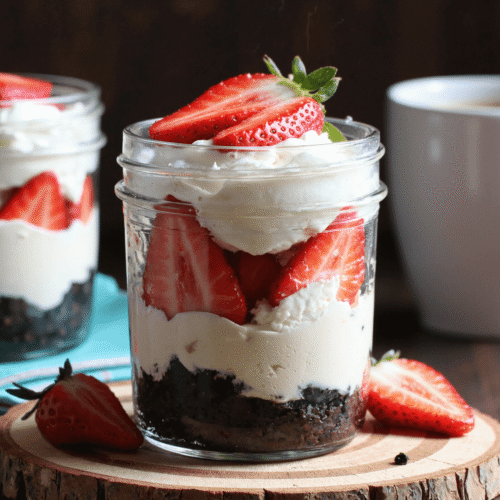 No-bake strawberry Oreo cheesecake cup in a mason jar with layers of Oreo crumbs, creamy cheesecake, and fresh strawberries.
