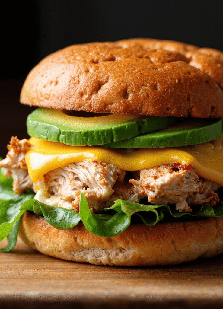 Close-up of a chicken avocado melt with shredded chicken, melted cheese, avocado slices, and lettuce on a toasted bun.