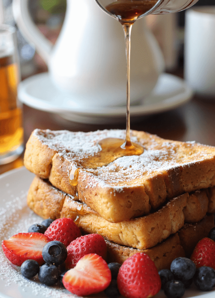 Hawaiian roll French toast on a white plate with powdered sugar, berries, and maple syrup pouring on top.