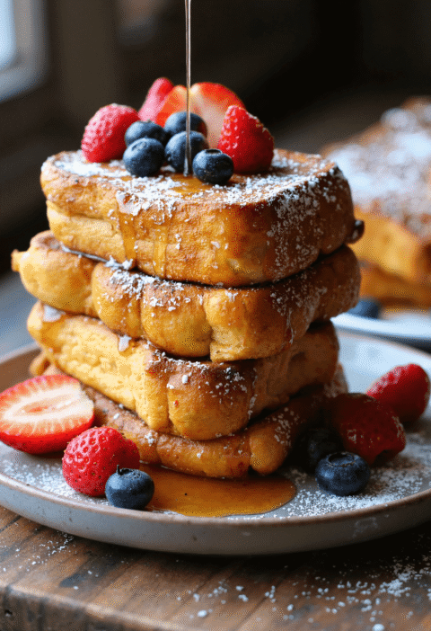 Stack of Hawaiian roll French toast topped with fresh berries and maple syrup drizzle.