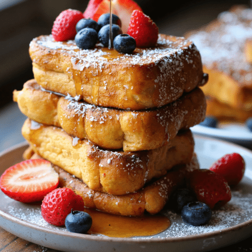 Stack of Hawaiian roll French toast topped with fresh berries and maple syrup drizzle.