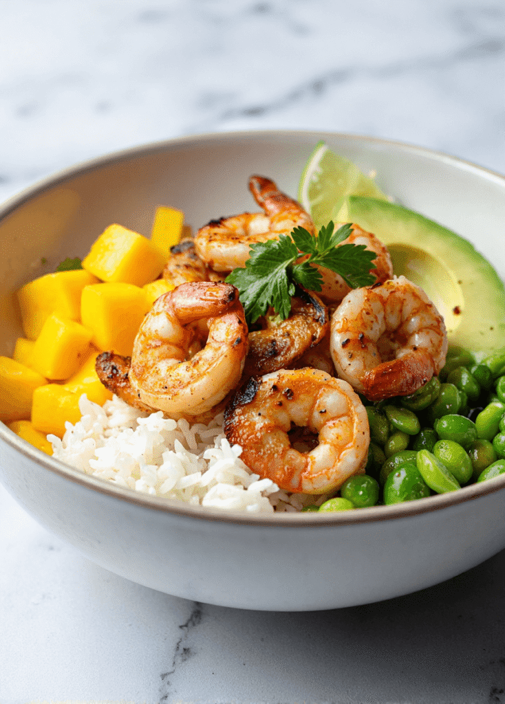Shrimp avocado mango bowl with white rice, green edamame, grilled shrimp, and lime, served in a ceramic bowl on marble background.