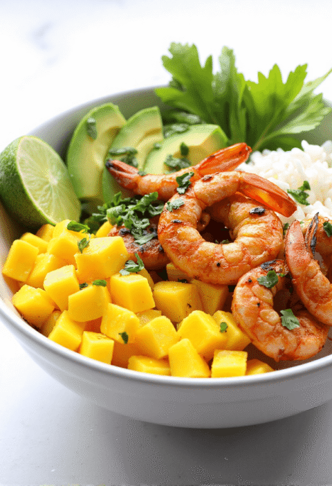 Grilled shrimp rice bowl with mango, avocado, fresh herbs, and lime in a white ceramic bowl.